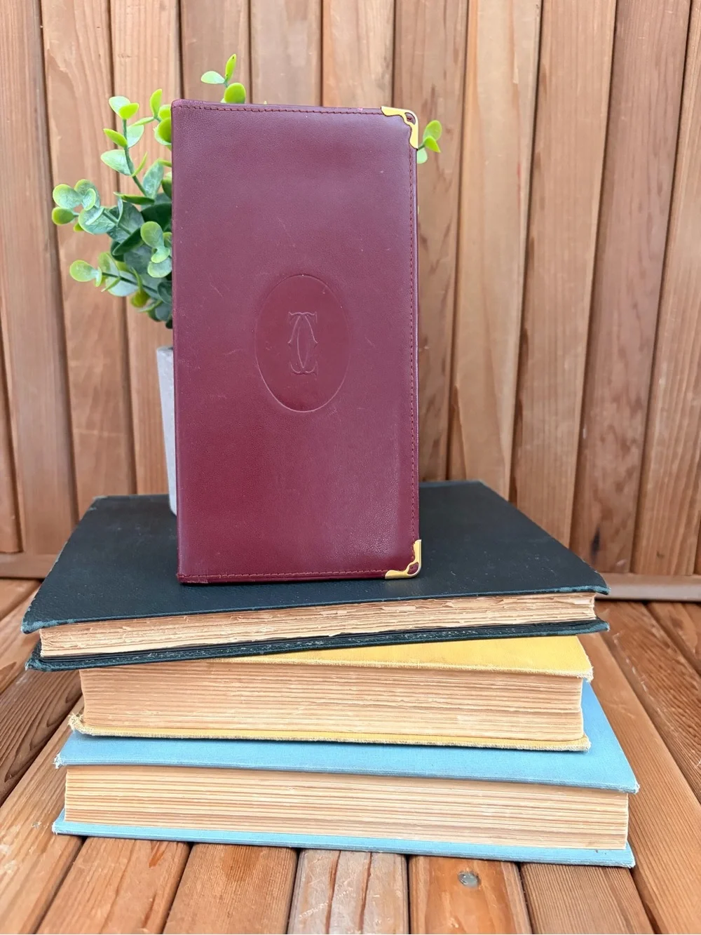 Cartier Paris Vintage Burgundy Leather Long Wallet, Gold Corner